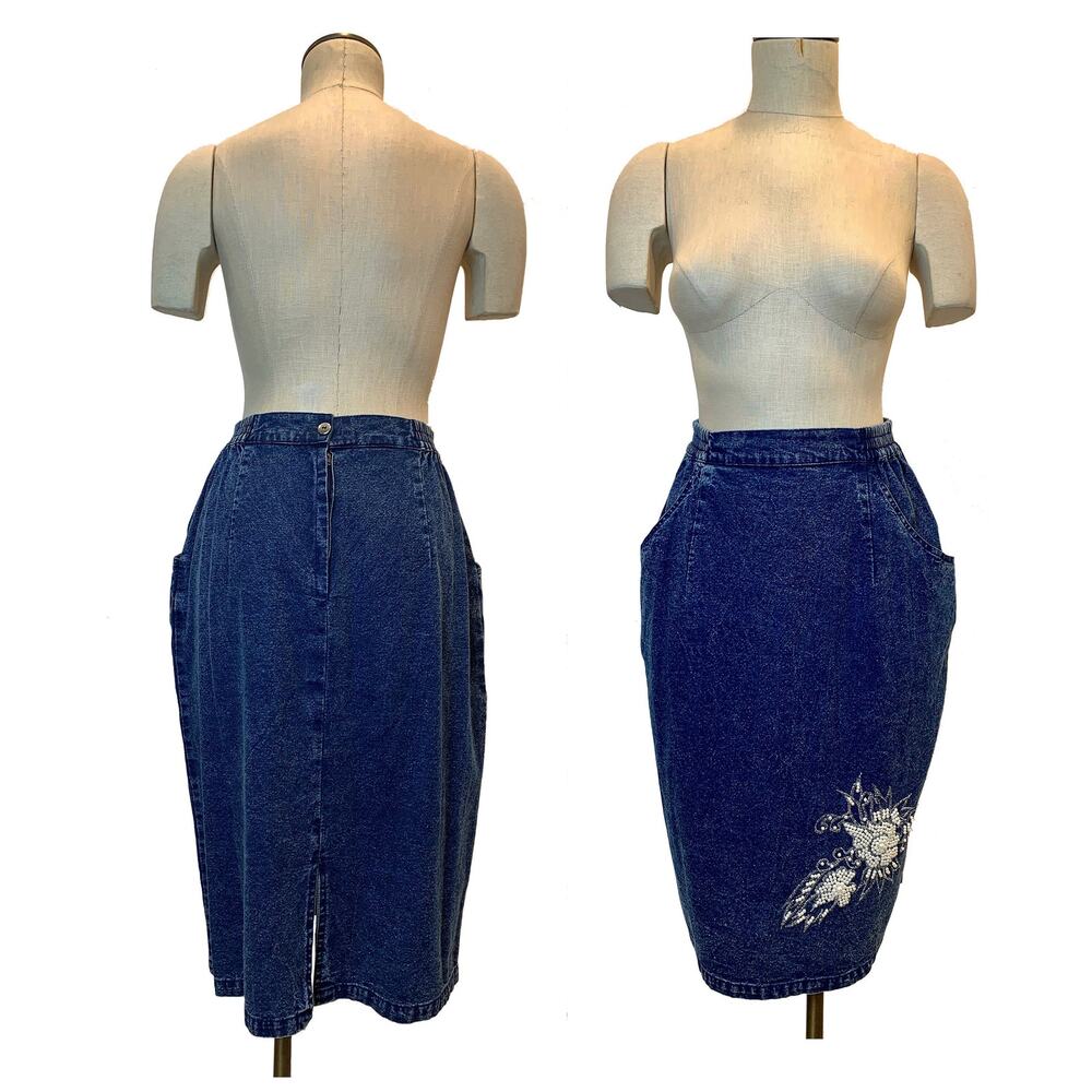 80s High Waist Acid Wash Denim Skirt with Pearl Appliqué - Picture 2 of 9